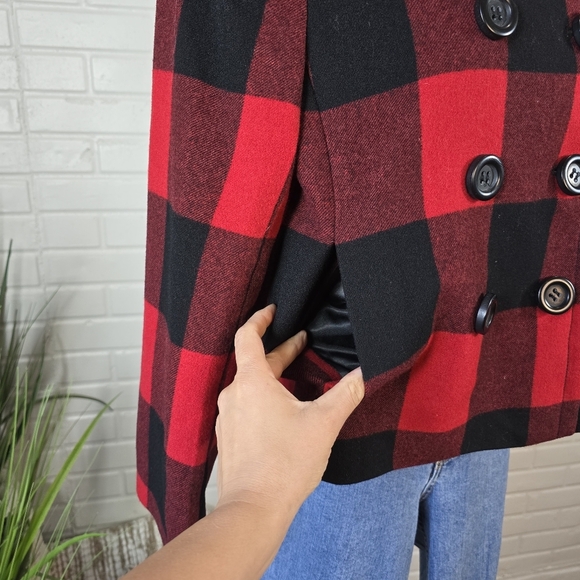 J. Crew Red Buffalo Plaid Double Breasted Cropped Pea Coat Jacket Small Or 6 - Picture 13 of 13